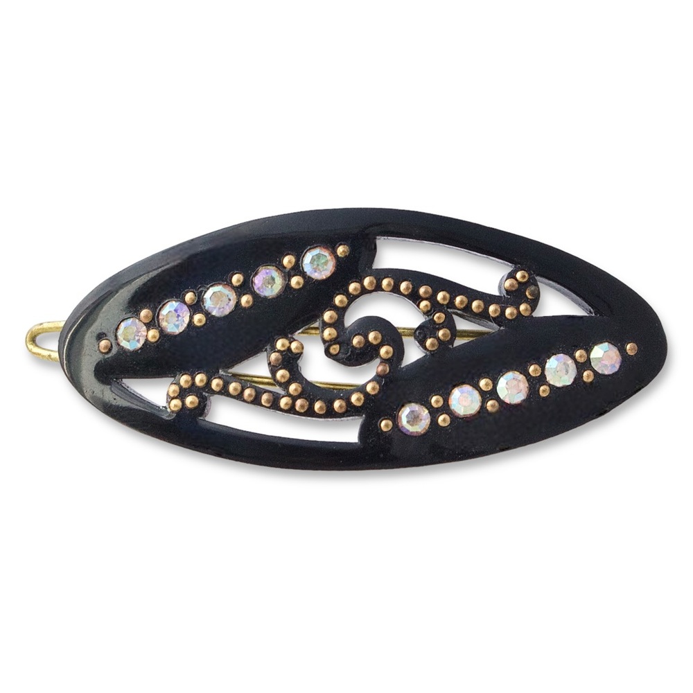 Vintage French Hair Barrette Black Plastic Aurora Borealis Rhinestone Brass